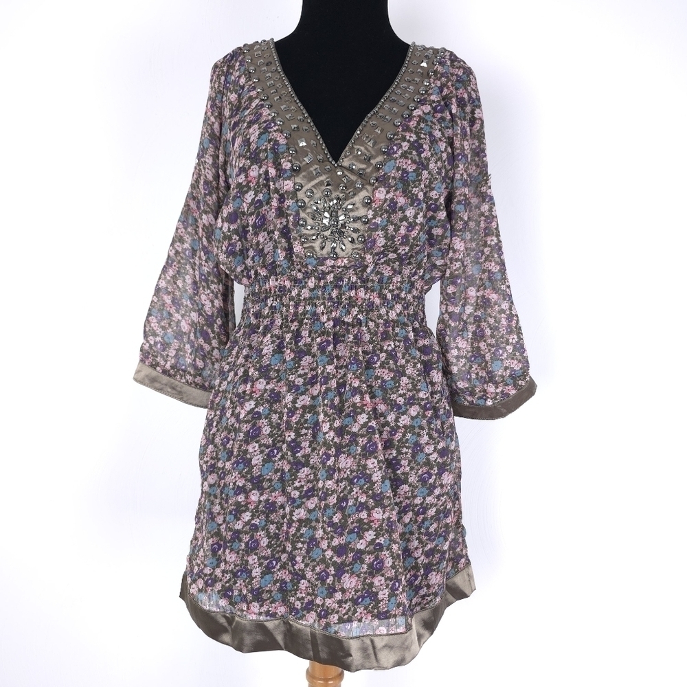Moon River Smocked waist Beaded Silky Border Tunic sheer Dress Small